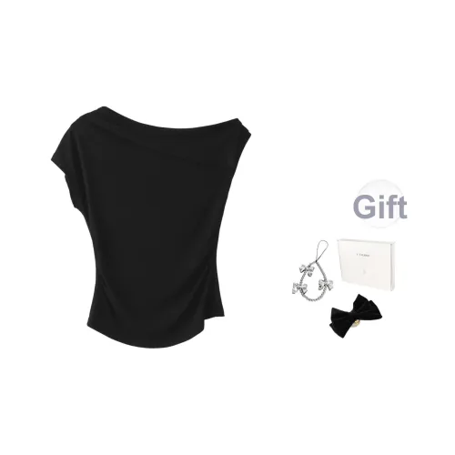 Fstudio Летний Корейский стиль Дизайн Off Плечо Универсальный Модный Короткий рукав T-рубашки Женские Черный