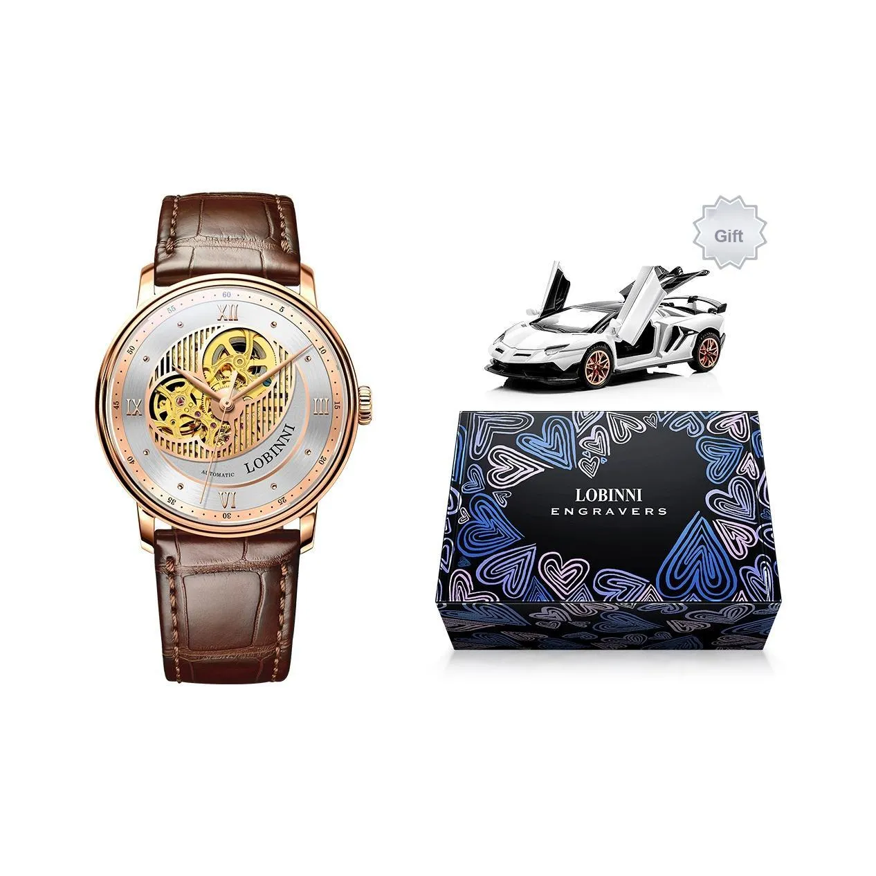 LOBINNI L Большой THREE Hand Циферблат часов Автоматический механический механизм Коровья кожа Ремень Часы Мужские часы Черепный циферблат