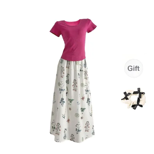 TORIGHT Skirt Set Women's Set Pink Top+Apricot Skirt+Bowknot Hair Tie Comes With