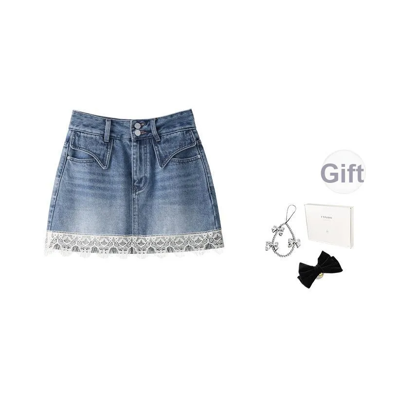 Fstudio Корейский стиль Винтаж Коммутирование Кружево Пэчворк 100% хлопок Линия Повседневный Джинсовые короткие юбки Женские