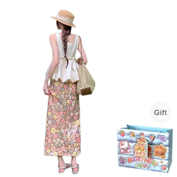 REMOULD Skirt Set Women's Apricot Top+Multicolor Skirt-1