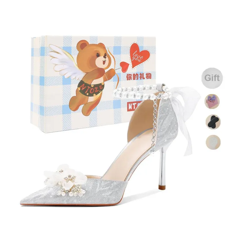 NTOZE Slim Heel High Heels Women's Silver Gift Box Set-0