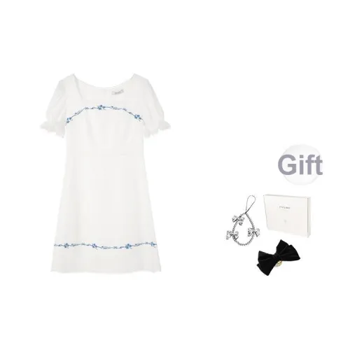 Fstudio Летний Корейский стиль Элегантность Цветовой блок Вышивка Пэчворк Тюльпан Короткий рукав Платье Женское