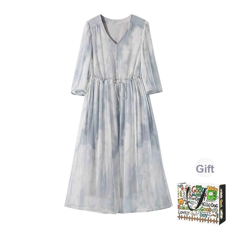 OURUOKE Long Sleeved Dresses Women's Blended Blue Shopping Bag Included