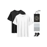 V-Neck 2 Pack (White+Black) with 2 Pack Cotton Socks+Shopping Bag