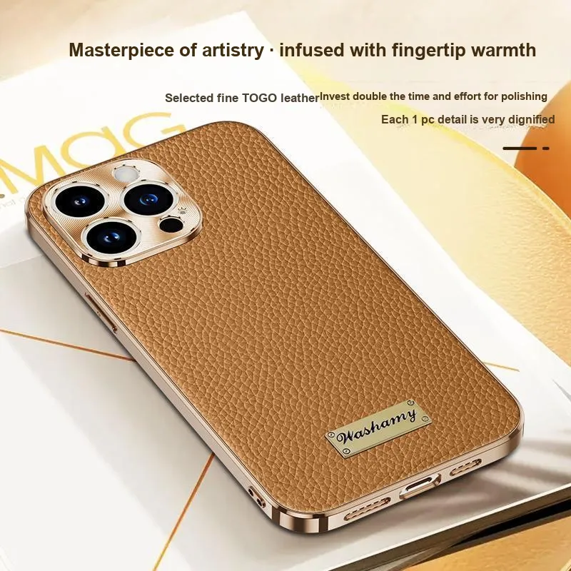 Record Star Leather Material Electroplated Cow Leather Phone Cases Compatibility With Apple 15 Pro Business Formal-4