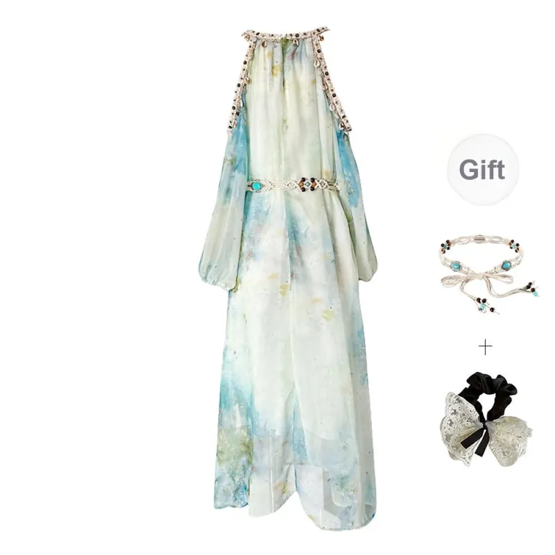 PAVEA Long Sleeved Dress Women's Blue+Belt+Hair Tie Comes With-1