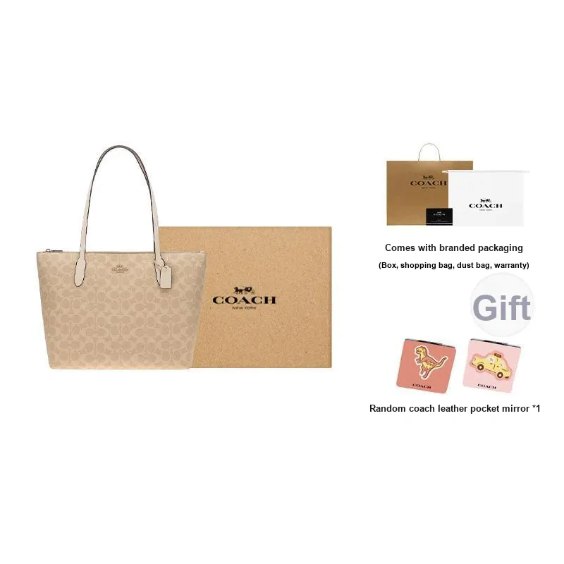 COACH Zip Top Tote Artificial Leather Tote Bag, Shopping Bag, Handbag, Shoulder Bag Tubas Women's Beige-9