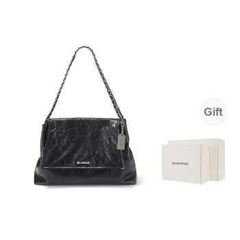 SHEPOK Top Grain Cow Leather Shoulder Bag Crossbody Bag Shoulder Bag Messenger Bag Unisex Black/Silver