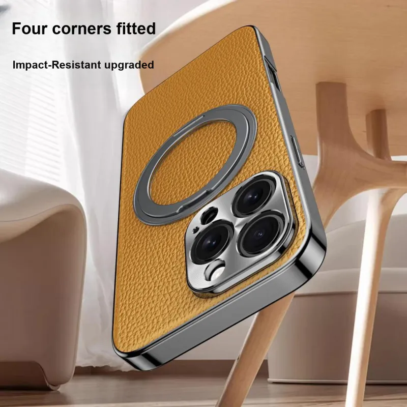Record Star Leather Material Rotating Stand, Electroplated ToGo Phone Cases Compatibility IPhone16ProMa Business Formal-4