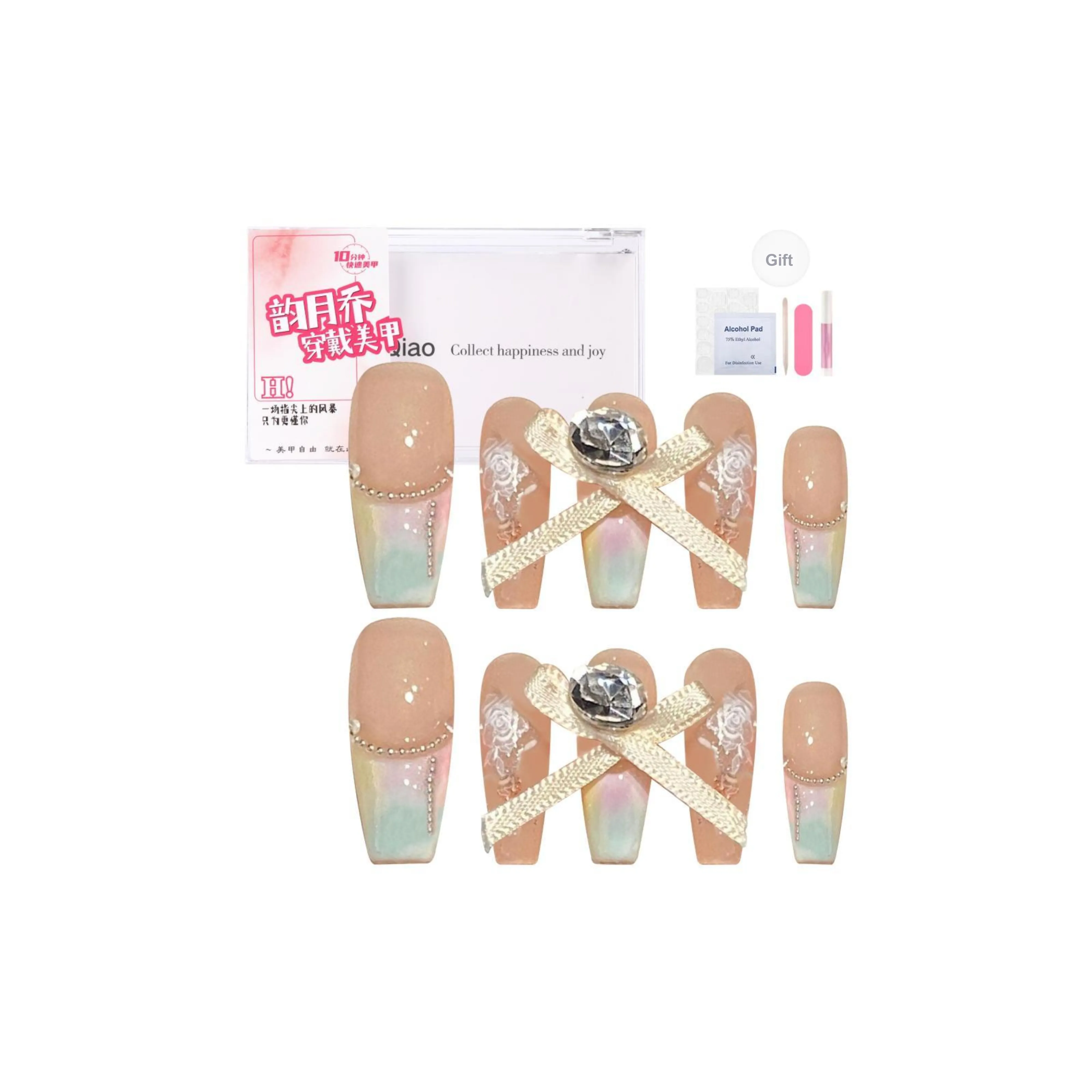 Yun Yue Joe Французский Ручной Рисунок Смешанный Mint Mambo Премиум Розовый 3D Эффект Бант Dreamy False Nail Длинный 30 мм