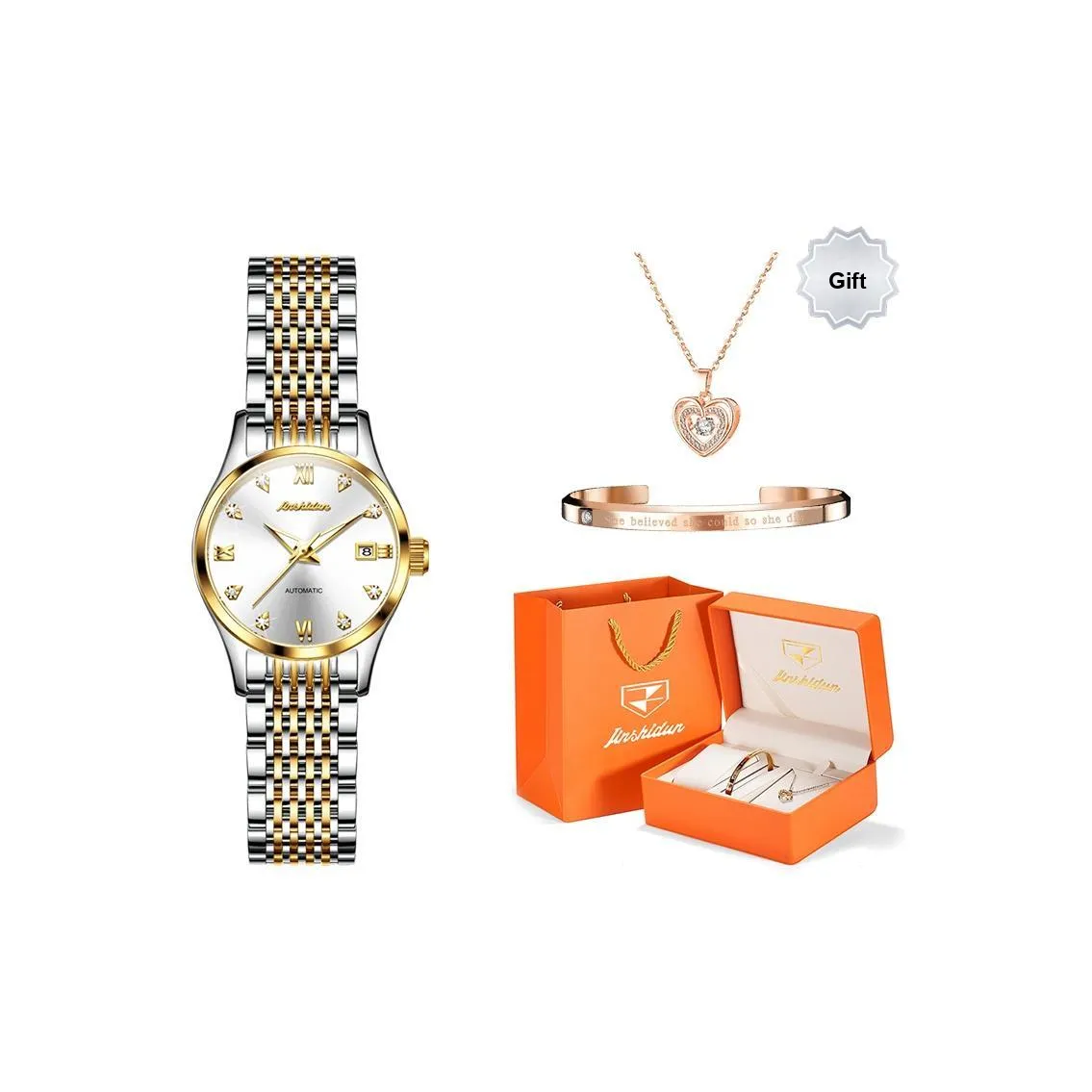 Jin Shi Dun Коробка Механический механизм Нержавеющая сталь Ремешок Часы Женские часы Белый циферблат