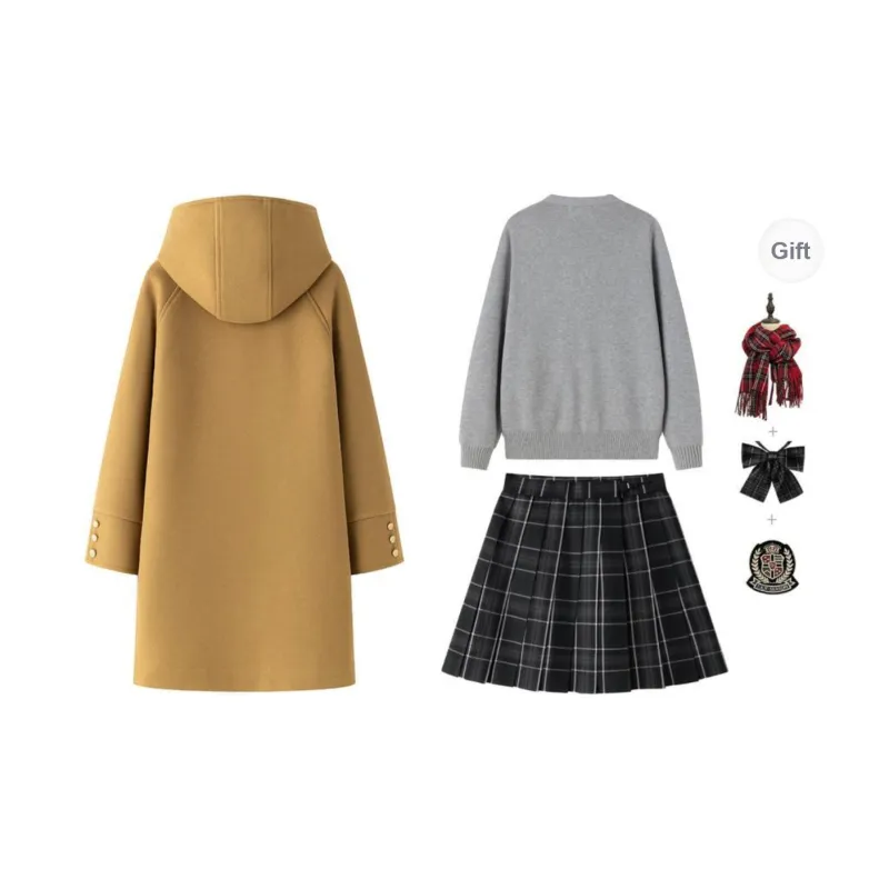 Tokyo Season Uniforms Women's Camel Coat Lining Padded+Black And White Plaid Skirt, Comes With Cardigan+Bow Tie+Badge-3
