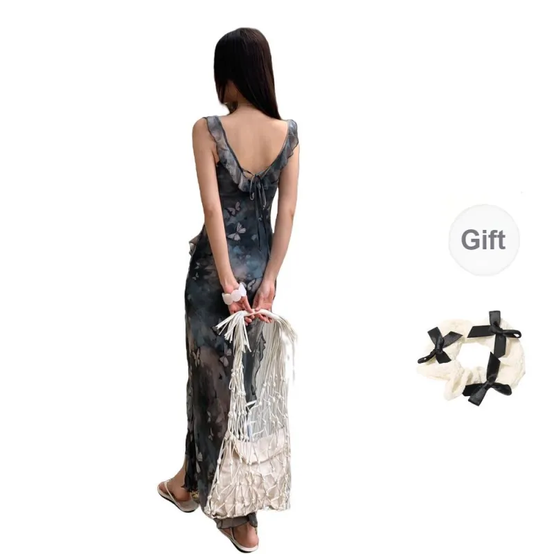CPAURA Slip Dresses Women's Ink Wash Butterfly+Bowknot Hair Tie Comes With-1