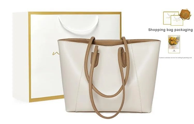Narandu Cow Leather Tote Bag Shopping Bag Shoulder Bags Large Size Women's Brown/Ecru & Apricot-0
