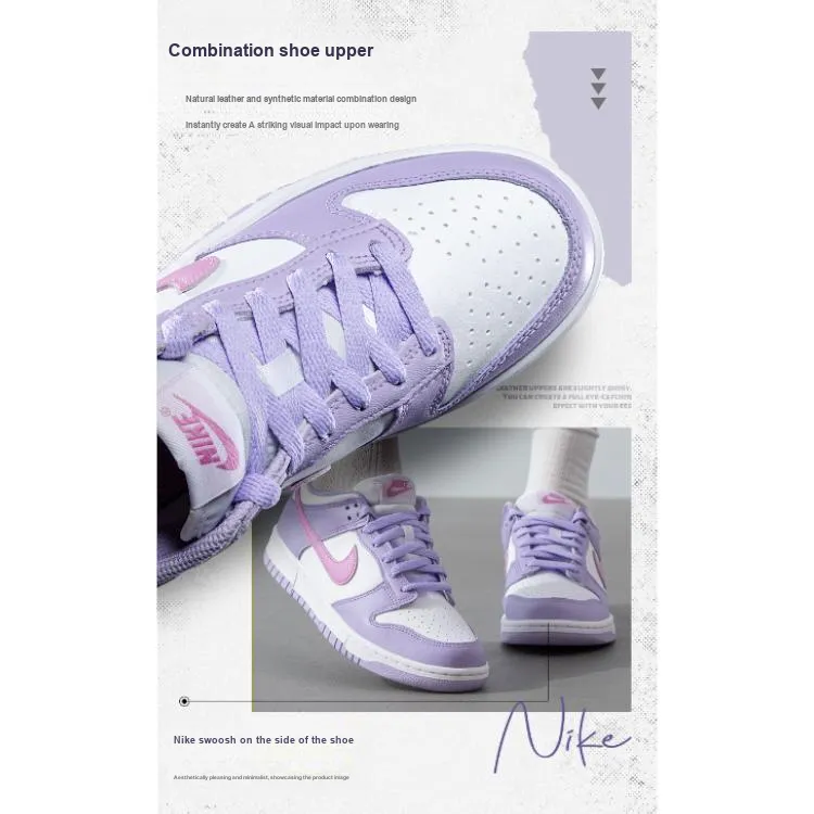 Nike Dunk Anti Slip Wear Resistant Low Top Kids' Skateboarding Shoes Purple White Unisex-2