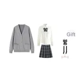 Gray Cardigan+V-Neck Length Sleeve+Dark Night Killer Short Skirt, Includes Bow Ties+Calf Socks+Hanger