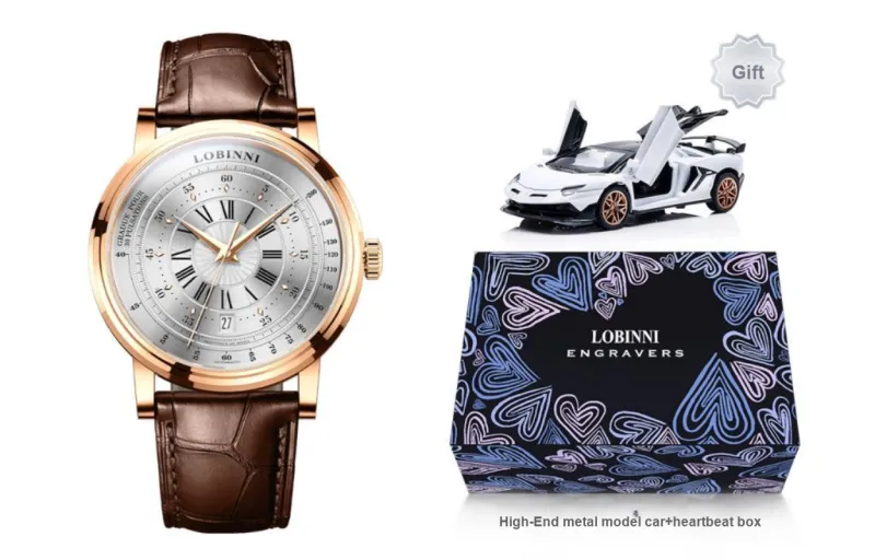 LOBINNI L Automatic Mechanical Movement Cowhide Strap Watch Men's Watches Black Dial-7