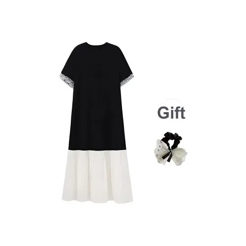 Черный + Резинка для волос С подарками Женские Короткие Платья с рукавами