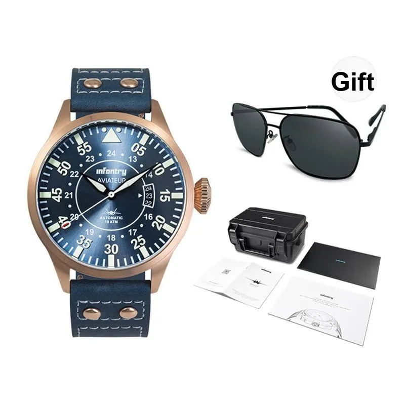 INFANTRY Pilot Collection · Explorer Mechanical Movement Genuine Leather Strap Watch Men's Watches Blue Dial