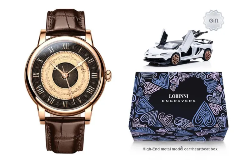 LOBINNI L Automatic Mechanical Movement Genuine Leather Strap Watch Men's Watches Black Dial-7