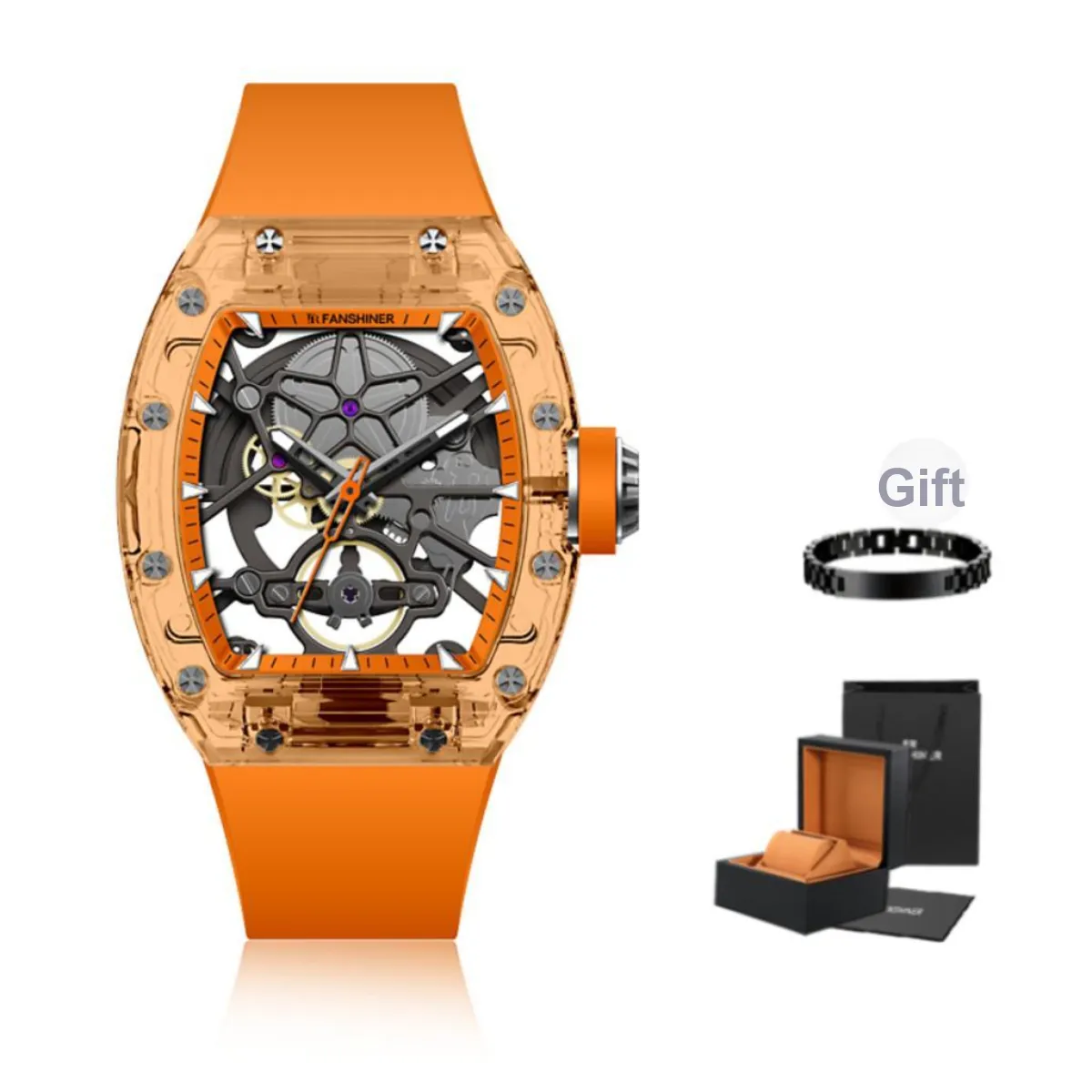 FR Automatic Mechanical Movement Unisex Orange Watch Dial