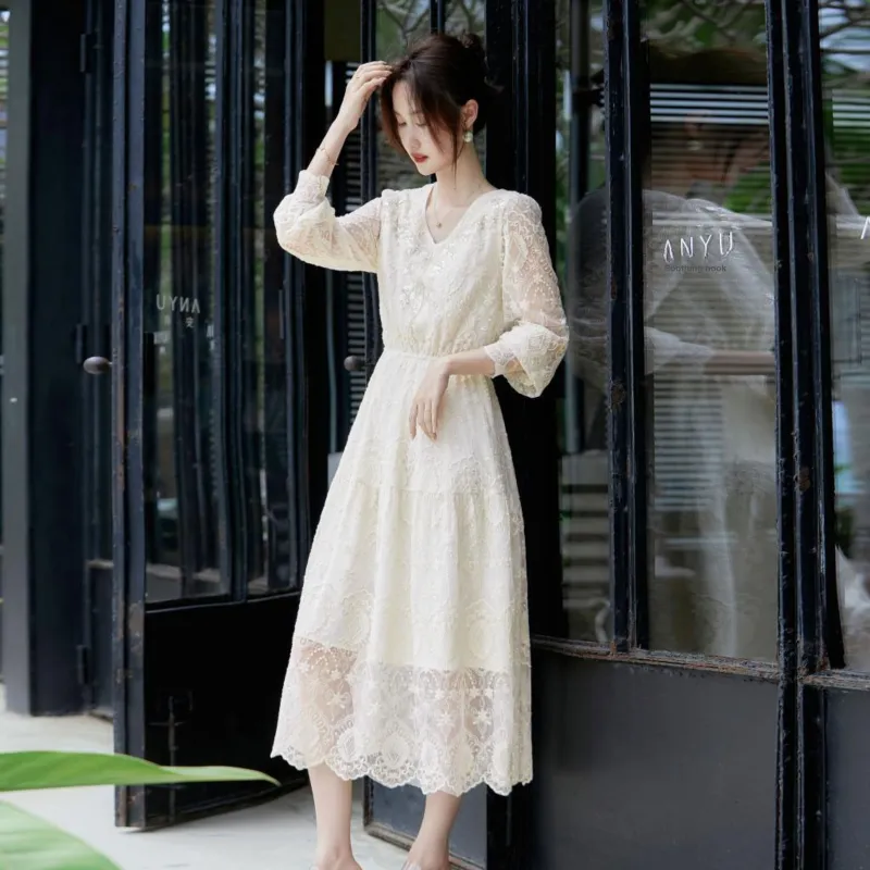 A Paradise For Awakening Long Sleeved Dress Women's Beige Apricot-6