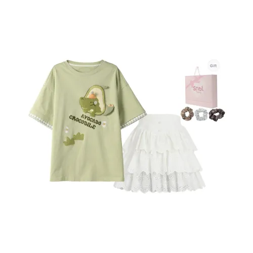 SNBL Комплект с юбкой Женская Зеленая T-рубашка + Белая Юбка