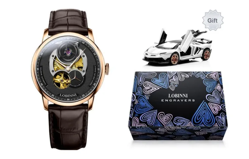 LOBINNI L Men's Watches Automatic Mechanical Movement Cowhide Strap Watch Men's Watches Black Dial-2
