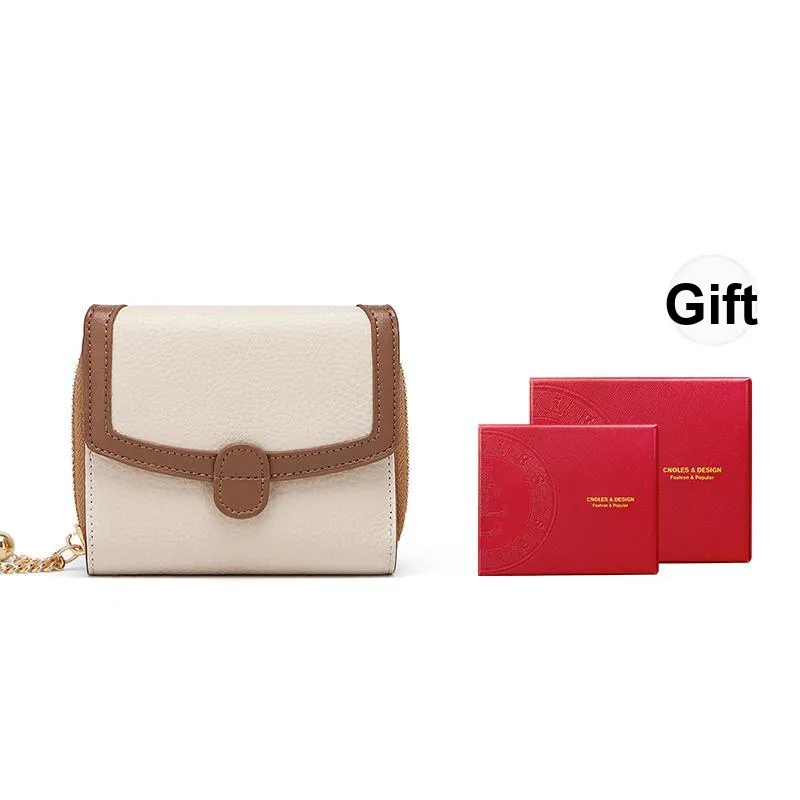 CNOLES Top Grain Cow Leather Wallet Card Holder Coin Purse Women's Italian Milk Coffee