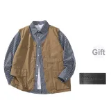 Khaki+Navy Blue Striped Shirt (Comes with Brooch)
