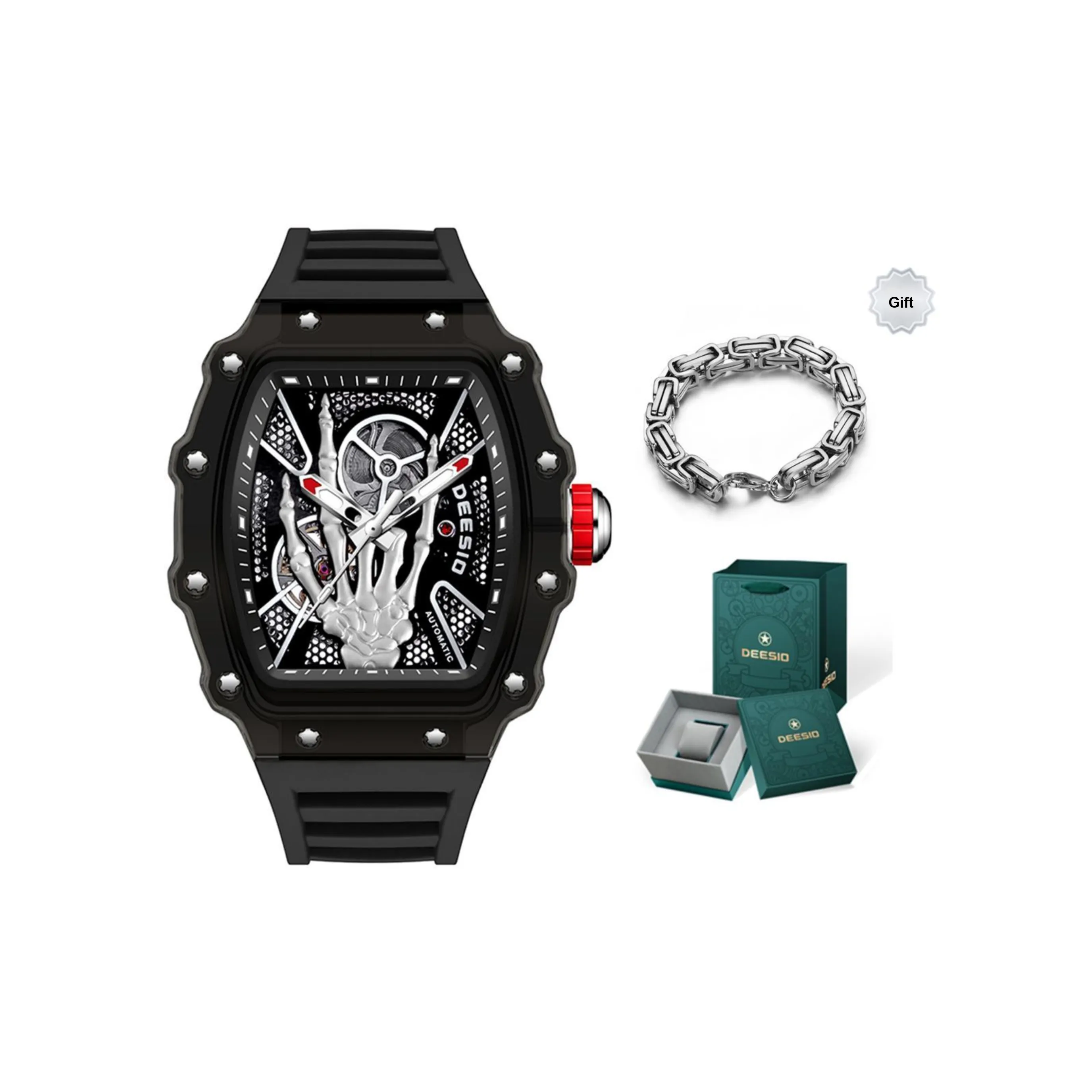 DEESIO Gold Finger Collection Автоматический Механический Механизм Резиновый Ремешок Часы Мужские Черный Циферблат