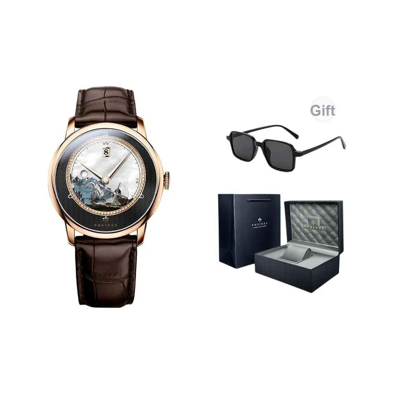 PONIGER Автоматический Механический Механизм Часы Мужские Белый Циферблат