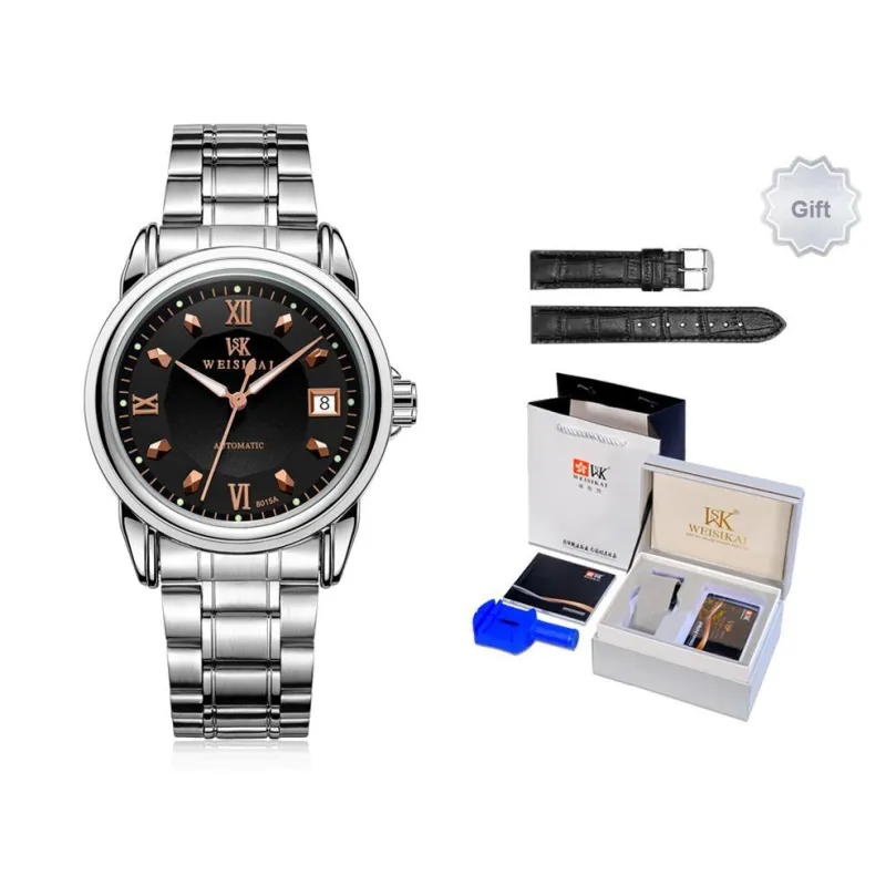 WSK Mechanical Movement Stainless Steel Watchband Men's Watches White Dial-14