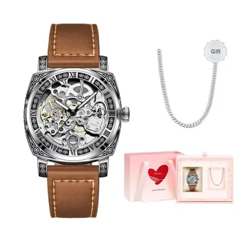 MELSMAO Mechanical Movement Leather Watch Bands Watch Men's Watches Black Dial