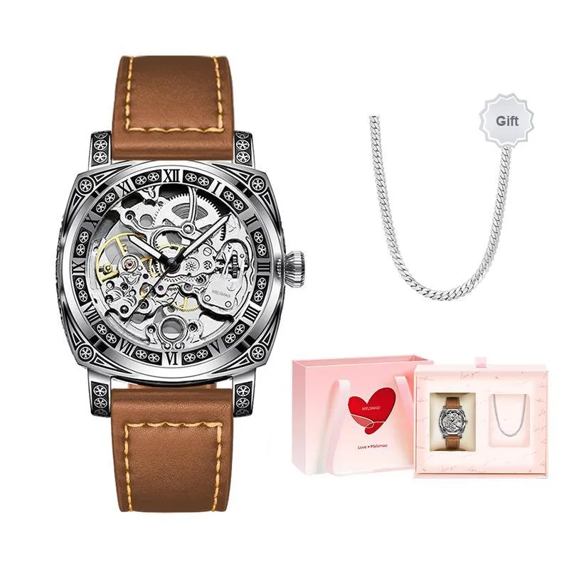 MELSMAO Mechanical Movement Leather Watch Bands Watch Men's Watches Black Dial-8