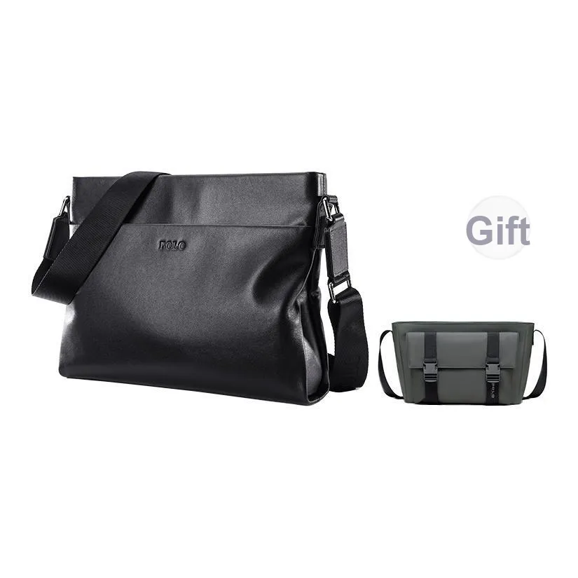 POLO Top Grain Cow Leather Crossbody Bag, Shoulder Bag Large Men's Black