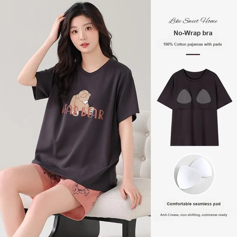 NOME Spring Summer 100% Cotton Pajamas, Short Sleeved Shorts Women's Two Piece Set-1