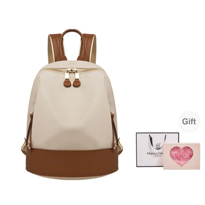 Marino Orlandi Fabric With Leather Patchwork Nylon Fabric Backpack Medium Size Women's Black/Khaki/Apricot-39