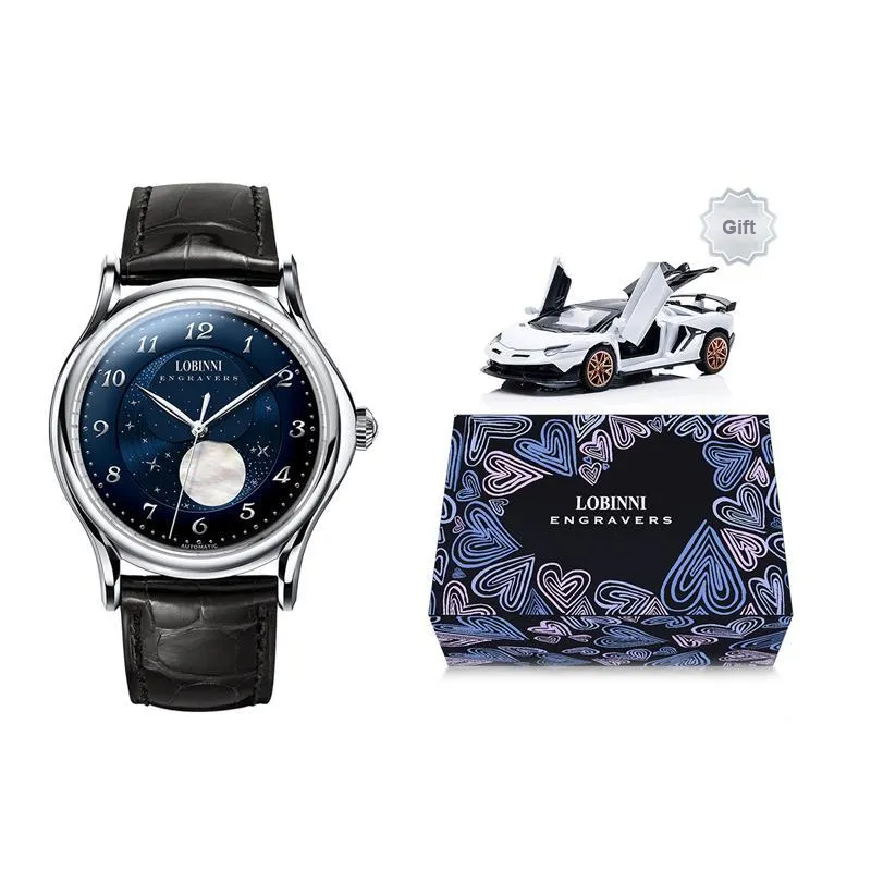 LOBINNI L Mechanical Movement Genuine Leather Strap Watch Men's Watches Black Dial-8