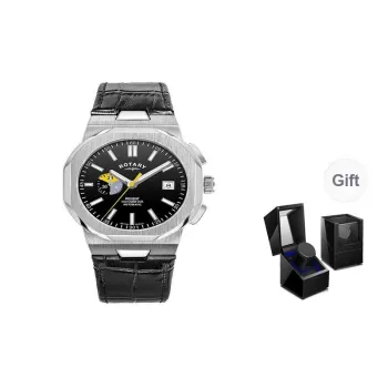ROTARY Wrist Watch Automatic Mechanical Movement Genuine Leather Strap Black Dial Men's Watches