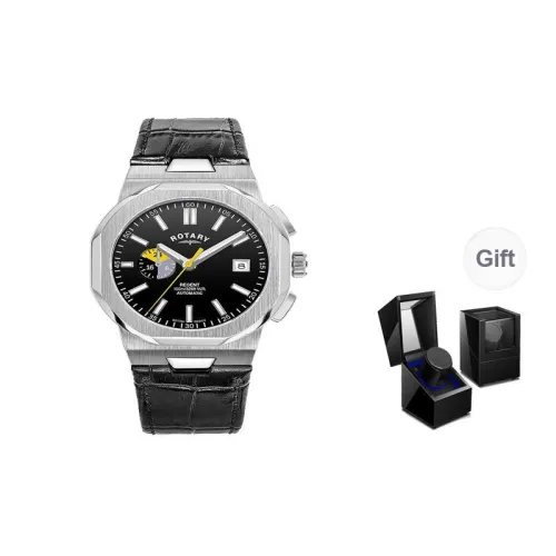 ROTARY Wrist Watch Automatic Mechanical Movement Genuine Leather Strap Black Dial Men's Watches