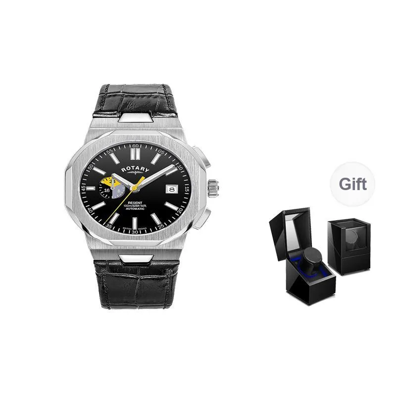 ROTARY Wrist Watch Automatic Mechanical Movement Genuine Leather Strap Black Dial Men's Watches-0