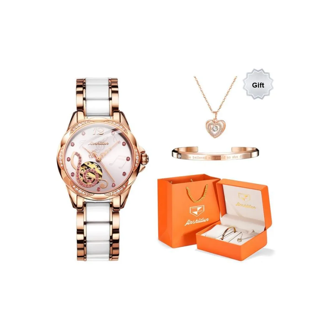 Jin Shi Dun Petal Design Box Mechanical Movement Watch Women's Watch Pink Watch Dial