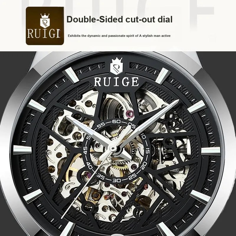 RUIGE Automatic Mechanical Movement Stainless Steel Watchband Watch Men's Watches Black Dial-2