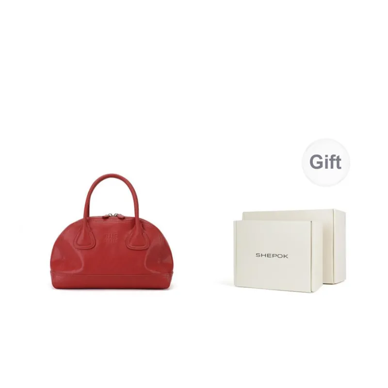 SHEPOK Vegetable Tanned Cow Leather Bowling Bag Shoulder Bag Handbag Women's Coffee/Black/Burgundy/China Red-9