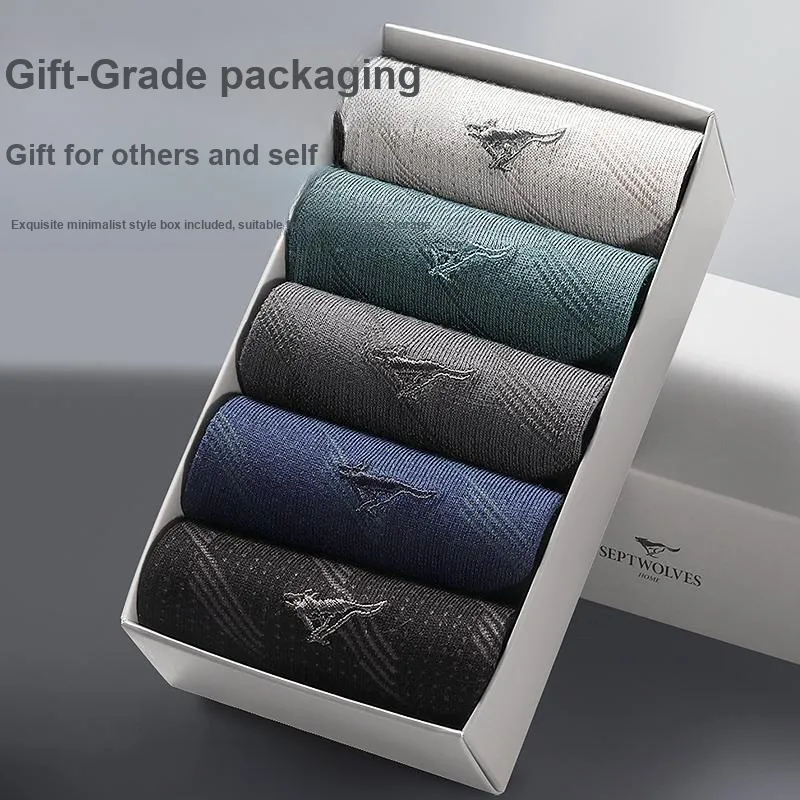 SEPTWOLVES Mid Calf Socks Men's 5 Pack Gift Box Set+Shopping Bag-7