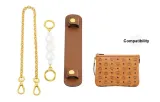 MCM Мини-сумка K Золотая (Декоративная цепочка 40 см + Жемчужная цепь-удлинитель 15 см) + Коричневая с золотой пряжкой, плечевые накладки 20 см