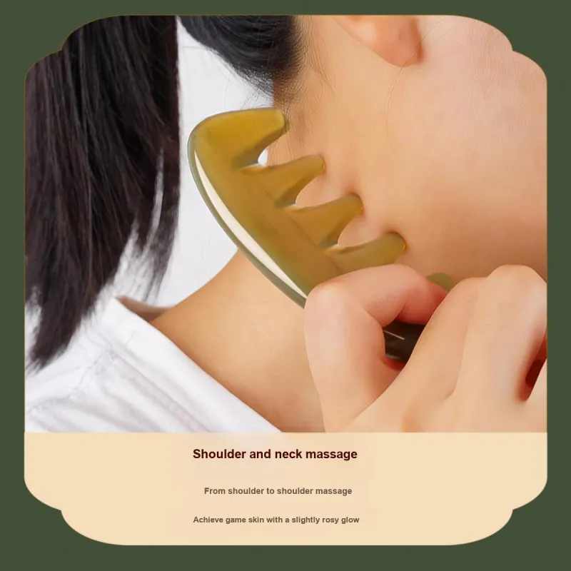 Min Bao White Buffalo Horn With Beads Five Prong Wide Tooth Comb Massage Meridians-8