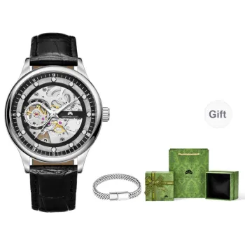 Corriberty Automatic Mechanical Movement Genuine Leather Strap Watch Men's Watches Cut Out Dial